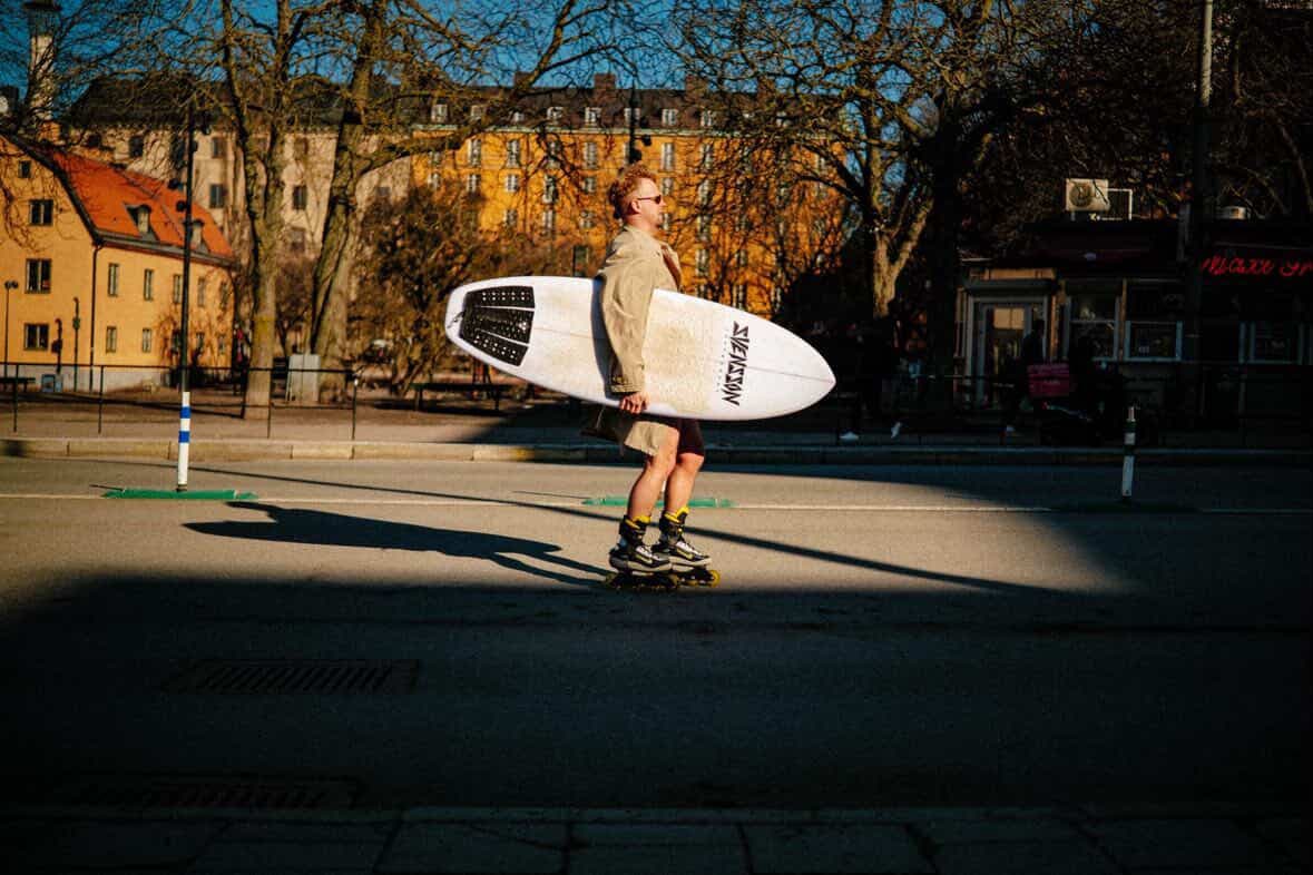 Svensson Surfboards — surfboard on rollerblades in Stockholm